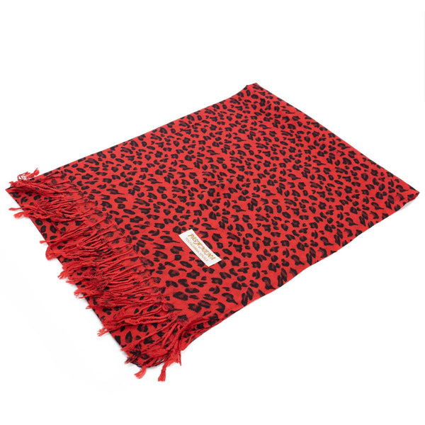 W057-4 Leopard Print Pashmina Shawl  Black/Red
