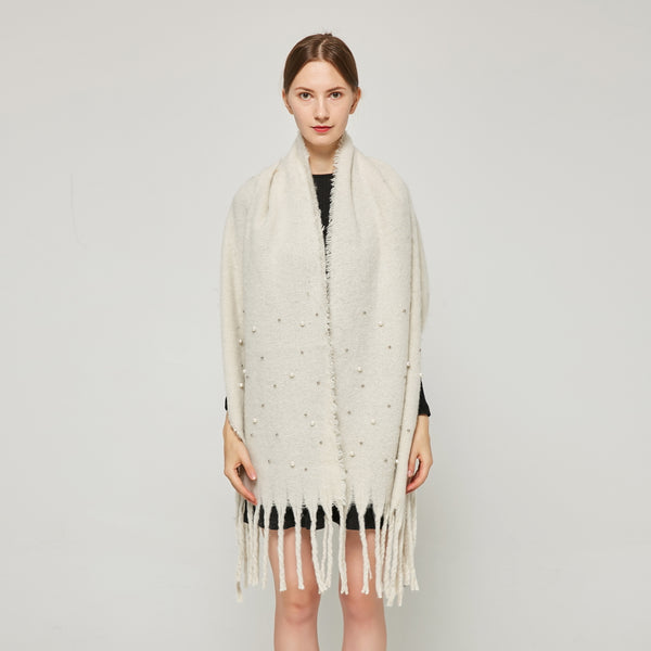 Fringe Mohair Shawl With Pearls SF23142